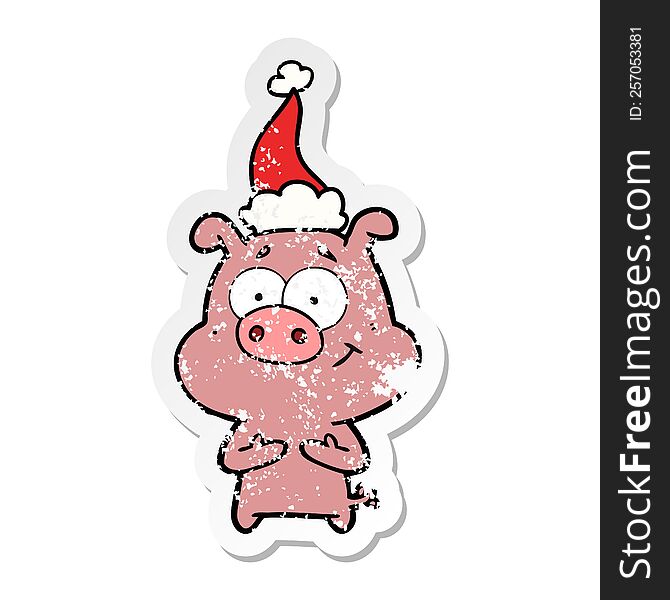 happy hand drawn distressed sticker cartoon of a pig wearing santa hat. happy hand drawn distressed sticker cartoon of a pig wearing santa hat