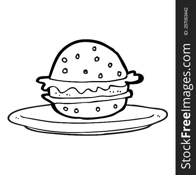 Black And White Cartoon Burger On Plate