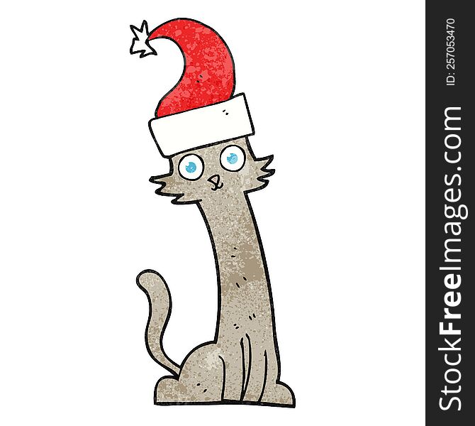 freehand textured cartoon cat in christmas hat