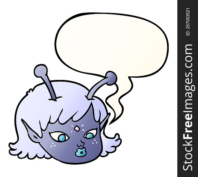 cartoon alien space girl face with speech bubble in smooth gradient style