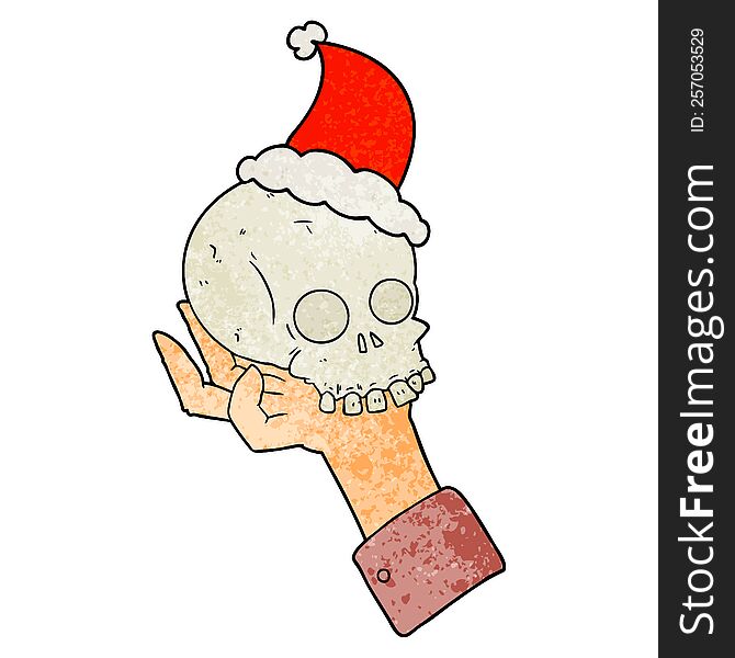 hand drawn textured cartoon of a hand holding skull wearing santa hat