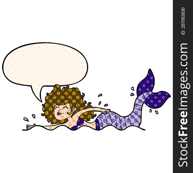 cartoon mermaid with speech bubble in comic book style