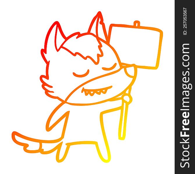 warm gradient line drawing of a friendly cartoon wolf with blank sign