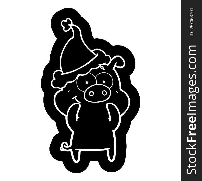 happy quirky cartoon icon of a pig wearing santa hat