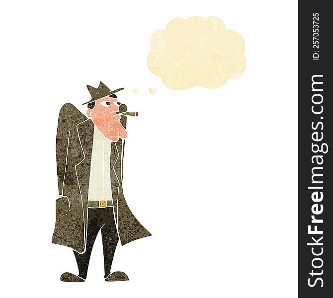 Cartoon Man In Hat And Trench Coat With Thought Bubble