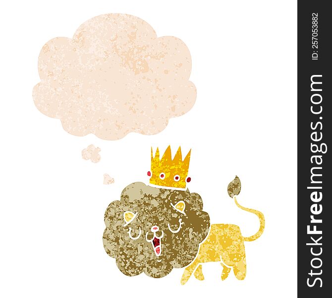 cartoon lion with crown with thought bubble in grunge distressed retro textured style. cartoon lion with crown with thought bubble in grunge distressed retro textured style