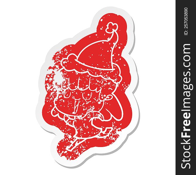 cartoon distressed sticker of a woman wearing santa hat