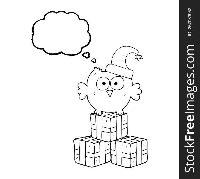 Thought Bubble Cartoon Little Owl Wearing Christmas Hat