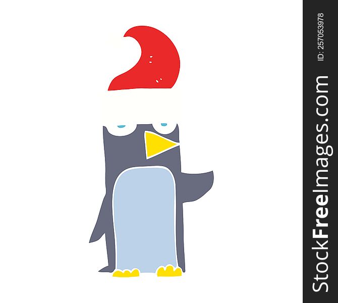 flat color illustration of penguin in christmas hat. flat color illustration of penguin in christmas hat