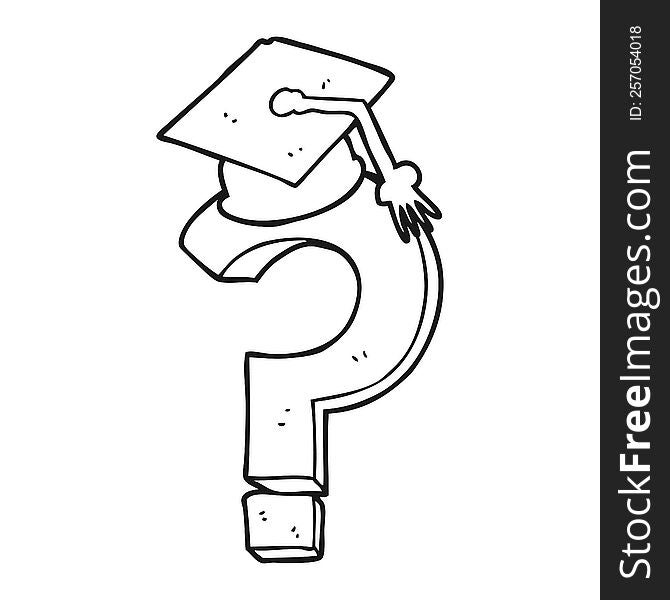 freehand drawn black and white cartoon graduation cap on question mark