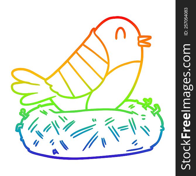 rainbow gradient line drawing of a cartoon bird sitting on nest