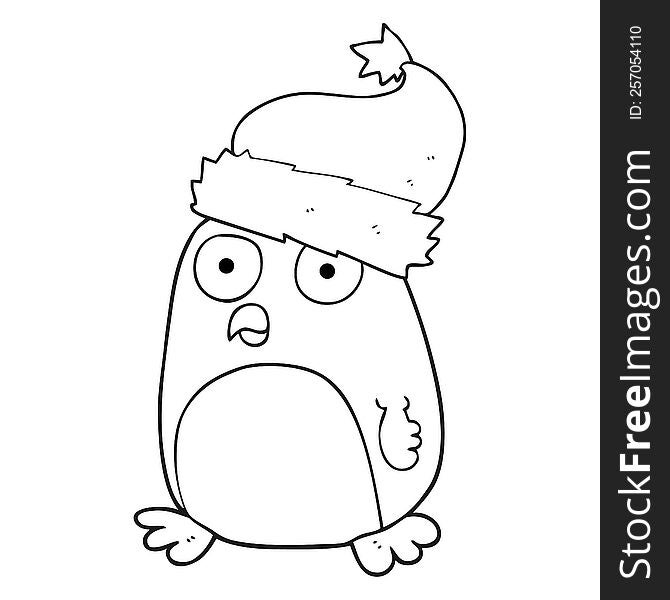 freehand drawn black and white cartoon penguin in christmas hat