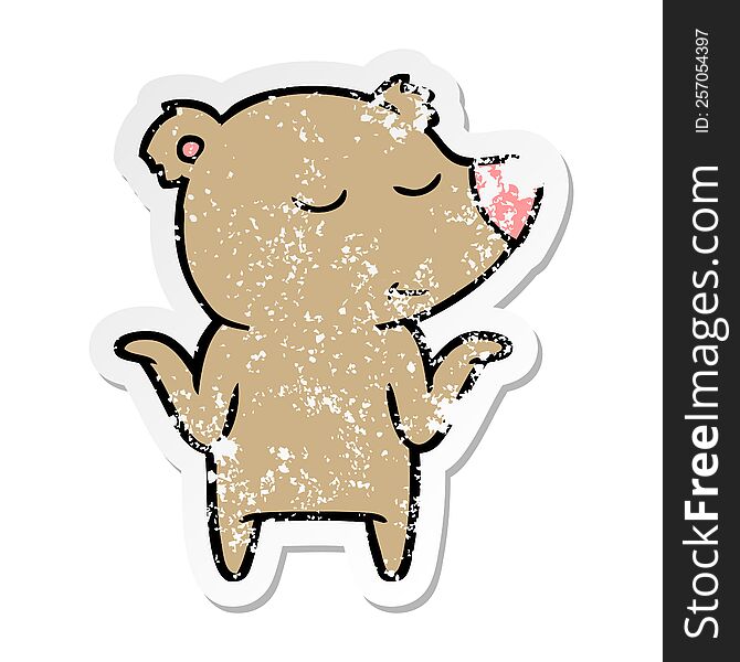 Distressed Sticker Of A Happy Cartoon Bear Shrugging Shoulders