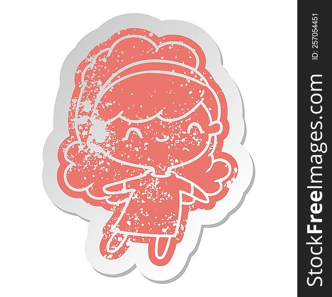 Distressed Old Sticker Kawaii Girl With Head Band