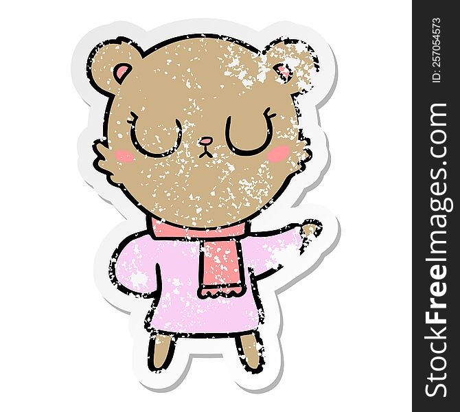 Distressed Sticker Of A Peaceful Cartoon Bear Wearing Scarf