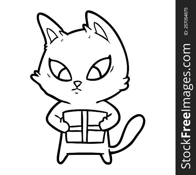 confused cartoon cat with gift. confused cartoon cat with gift