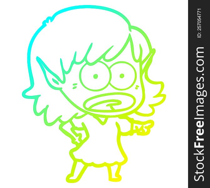 Cold Gradient Line Drawing Cartoon Shocked Elf Girl Pointing