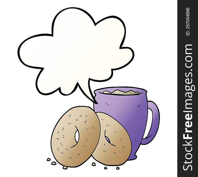 cartoon coffee and donuts with speech bubble in smooth gradient style