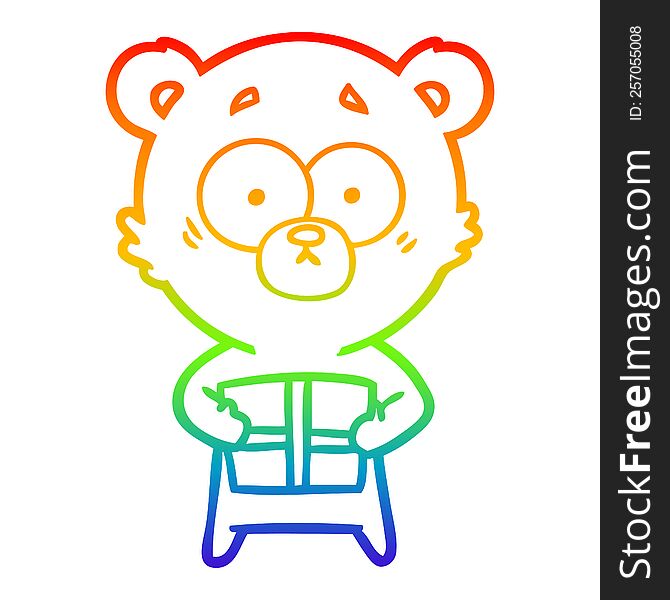 rainbow gradient line drawing of a nervous polar bear cartoon with gift