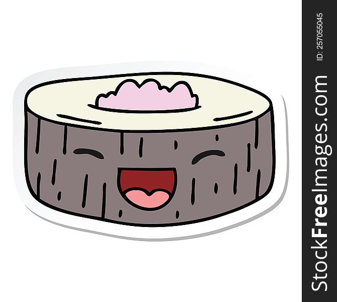 sticker of a quirky hand drawn cartoon happy sushi