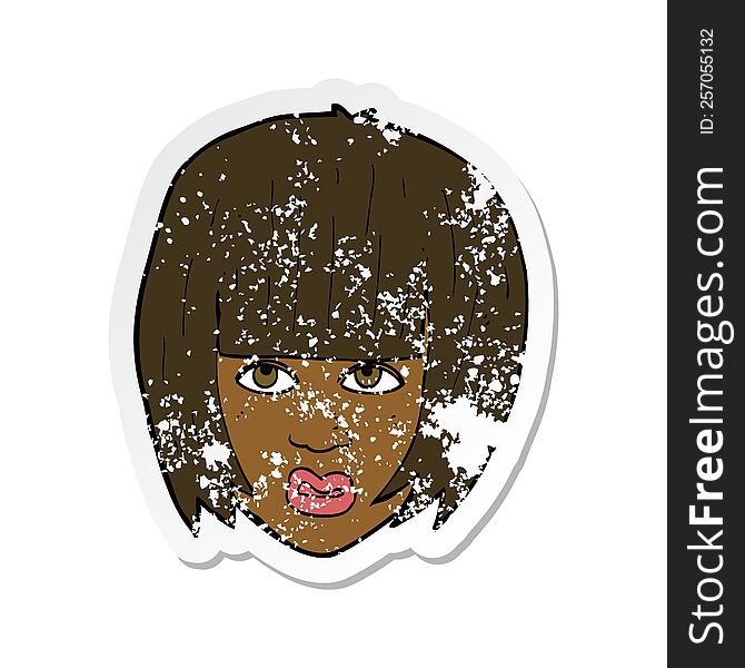 retro distressed sticker of a cartoon annoyed girl with big hair