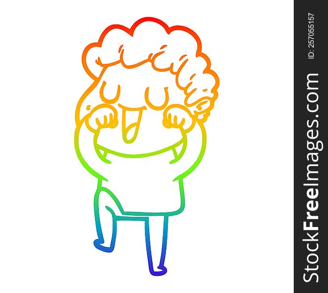 rainbow gradient line drawing of a laughing cartoon man rubbign eyes
