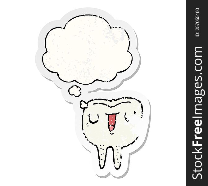 cartoon happy tooth with thought bubble as a distressed worn sticker