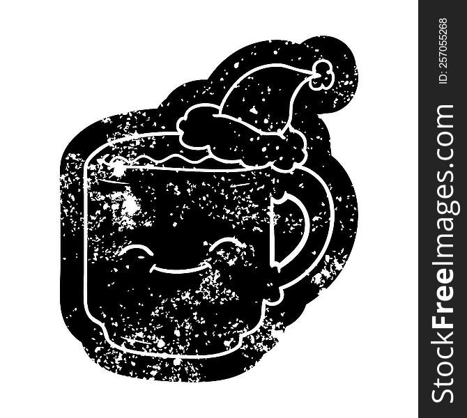 quirky cartoon distressed icon of a coffee mug wearing santa hat