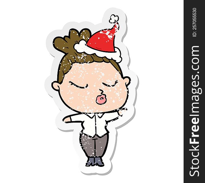 hand drawn distressed sticker cartoon of a calm woman wearing santa hat