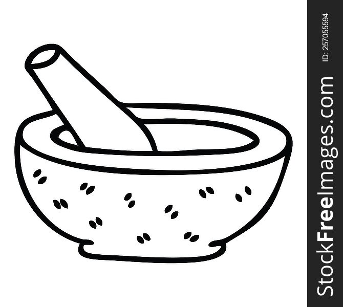 line drawing quirky cartoon pestle and mortar. line drawing quirky cartoon pestle and mortar