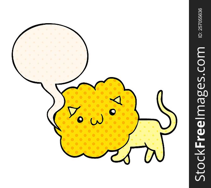 cute cartoon lion with speech bubble in comic book style