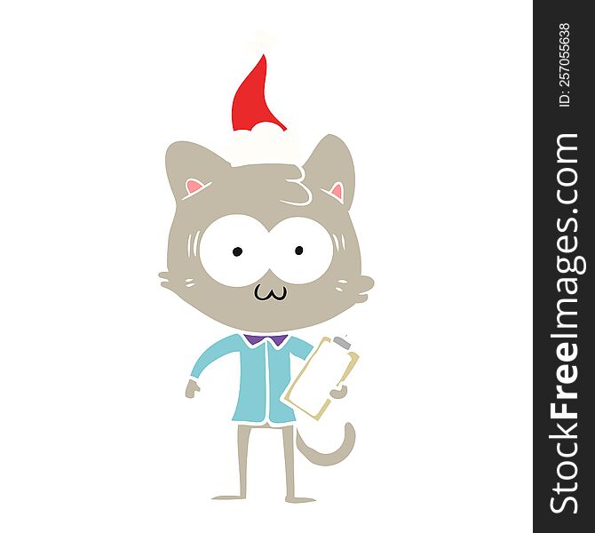 flat color illustration of a surprised office worker cat wearing santa hat