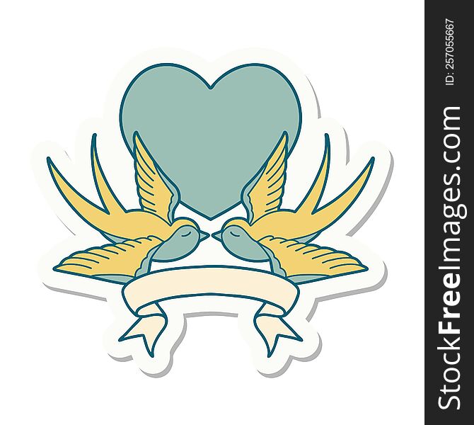 Tattoo Sticker With Banner Of A Swallows And A Heart