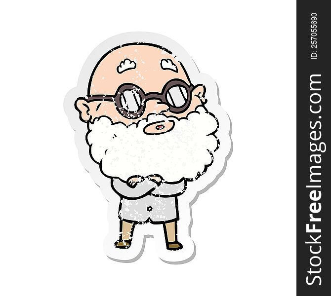 distressed sticker of a cartoon curious man with beard and glasses