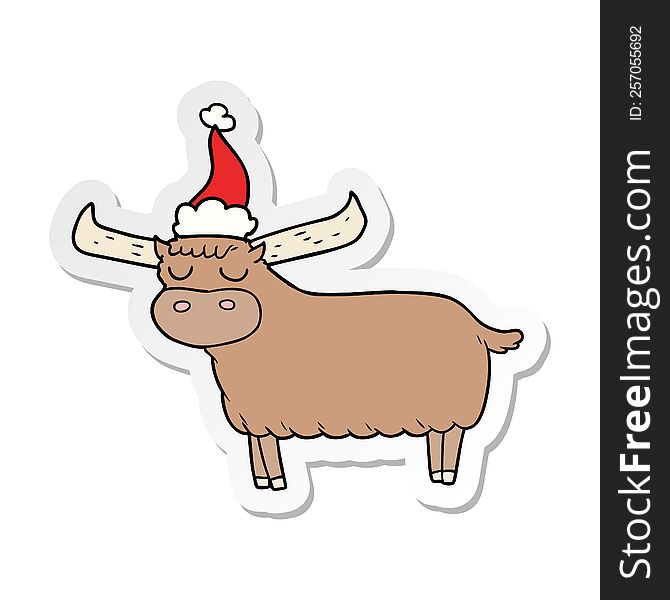 Sticker Cartoon Of A Bull Wearing Santa Hat