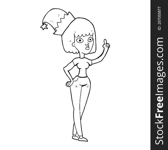 freehand drawn black and white cartoon woman wearing christmas hat