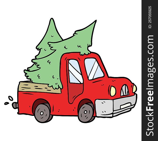 cartoon pickup truck carrying christmas trees. cartoon pickup truck carrying christmas trees