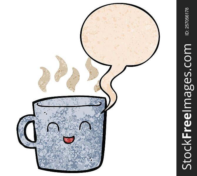 cute coffee cup cartoon with speech bubble in retro texture style