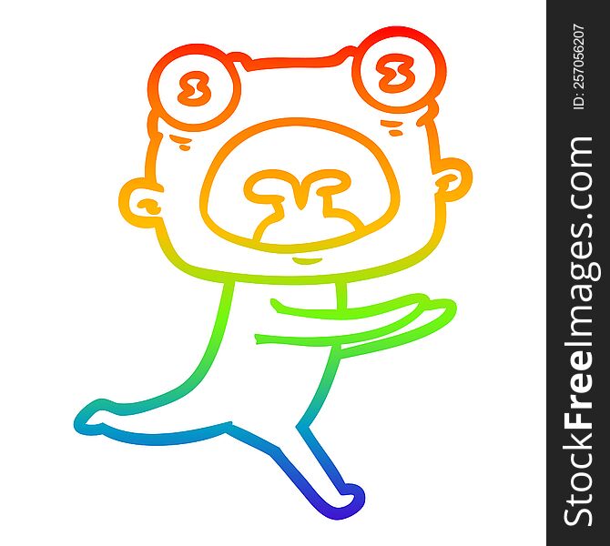 rainbow gradient line drawing of a cartoon weird alien running away