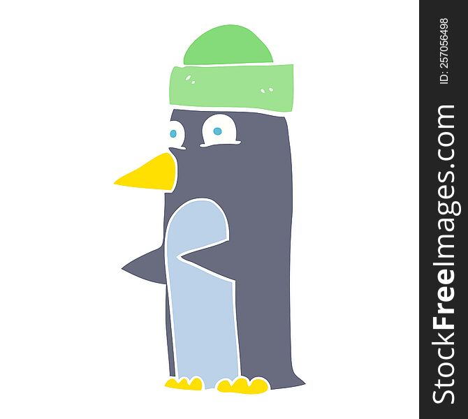 Flat Color Illustration Of A Cartoon Penguin Wearing Hat
