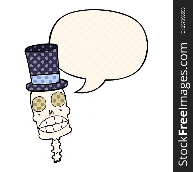 cartoon spooky skull and speech bubble in comic book style