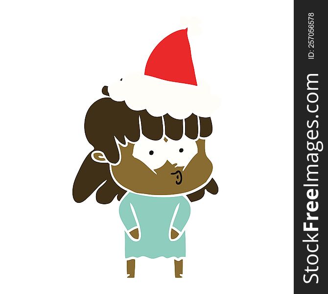 Flat Color Illustration Of A Whistling Girl Wearing Santa Hat