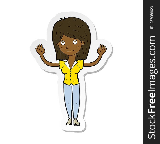 Sticker Of A Cartoon Woman Holding Up Hands