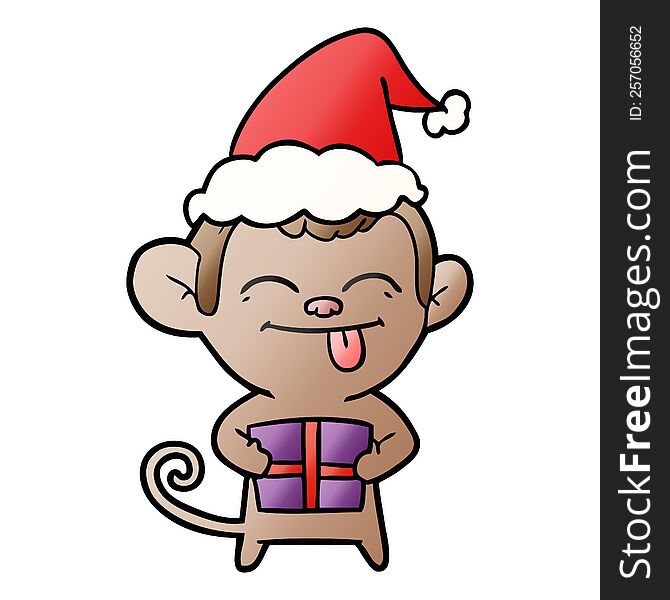 funny hand drawn gradient cartoon of a monkey with christmas present wearing santa hat