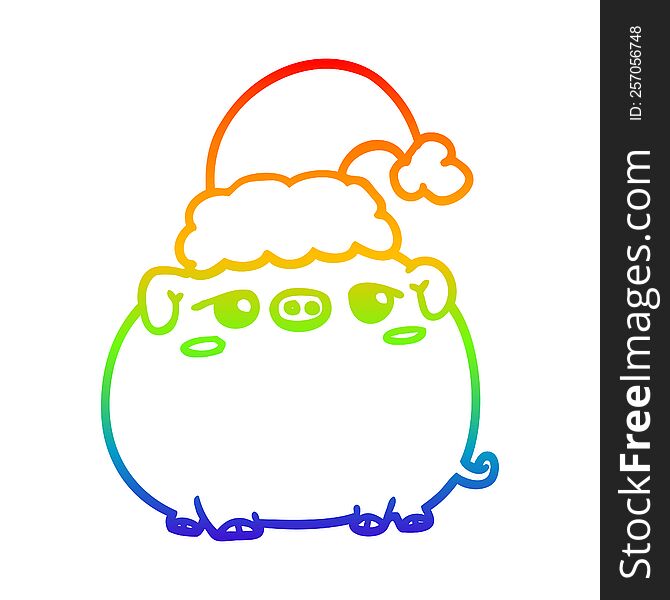 Rainbow Gradient Line Drawing Cartoon Pig Wearing Christmas Hat