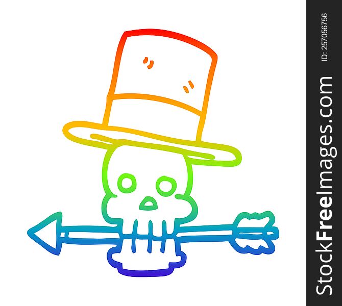 rainbow gradient line drawing of a cartoon skull and arrow