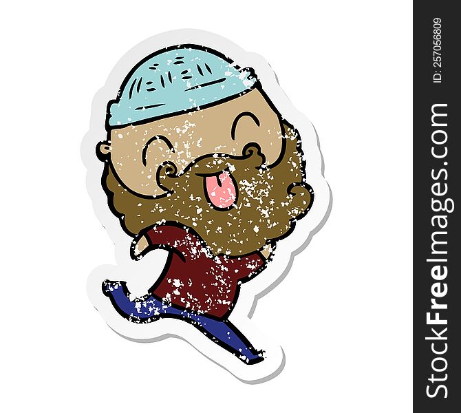 distressed sticker of a running man with beard sticking out tongue
