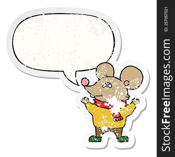 cartoon mouse wearing scarf with speech bubble distressed distressed old sticker. cartoon mouse wearing scarf with speech bubble distressed distressed old sticker