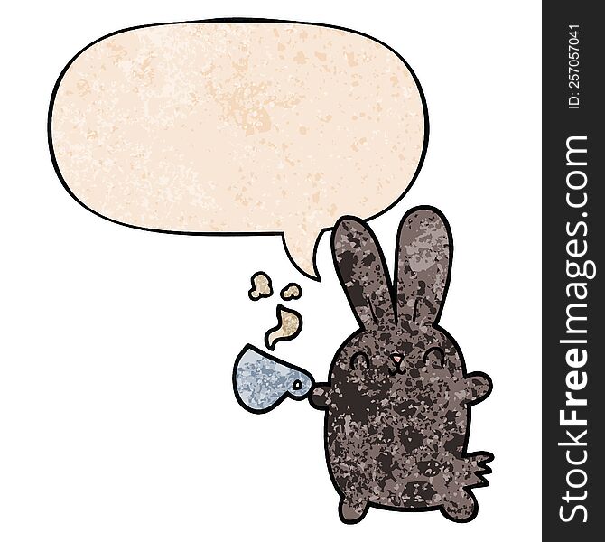 cute cartoon rabbit with coffee cup with speech bubble in retro texture style. cute cartoon rabbit with coffee cup with speech bubble in retro texture style