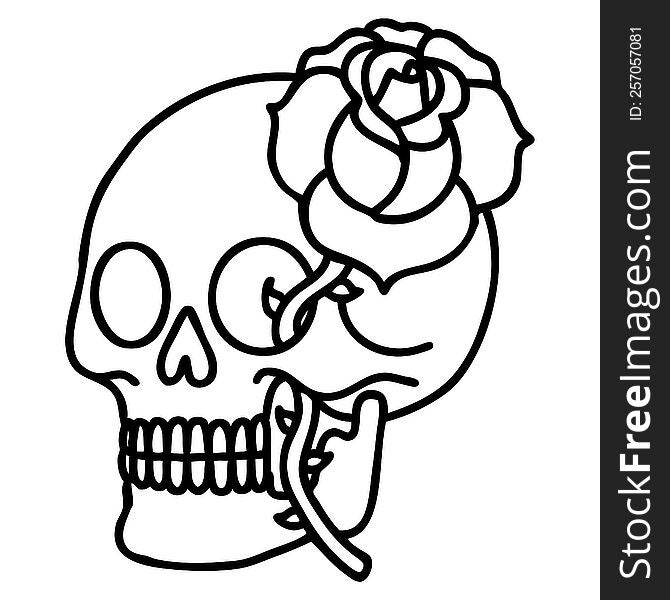 tattoo in black line style of a skull and rose. tattoo in black line style of a skull and rose